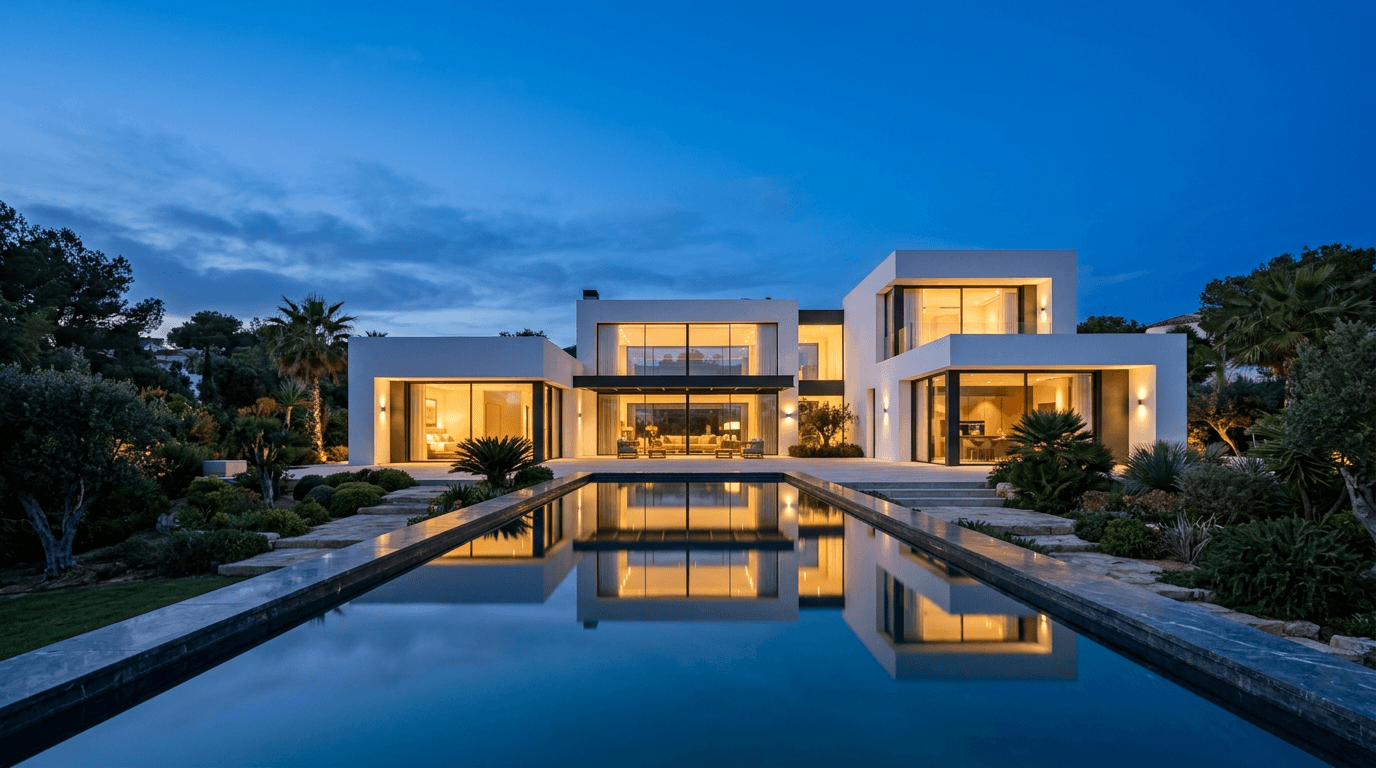 A modern white villa at blue hour, its interiors glowing warmly and reflected in a long pool